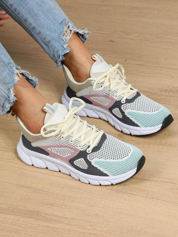 Women's Fashionable Colorblock Patchwork Lace Up Low Top Sneakers, Casual Breathable Comfortable Sports Athletic Shoes, All-match Round Toe Chunky Sneakers for Daily Wear, Fall Shoes