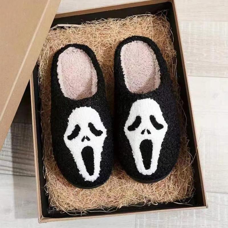 Unisex Ghost Face Plush Cotton Slippers – Cozy, Non-Slip Indoor House Shoes for Women and Men, Soft & Warm Neutral Footwear Girl Walking Shoes