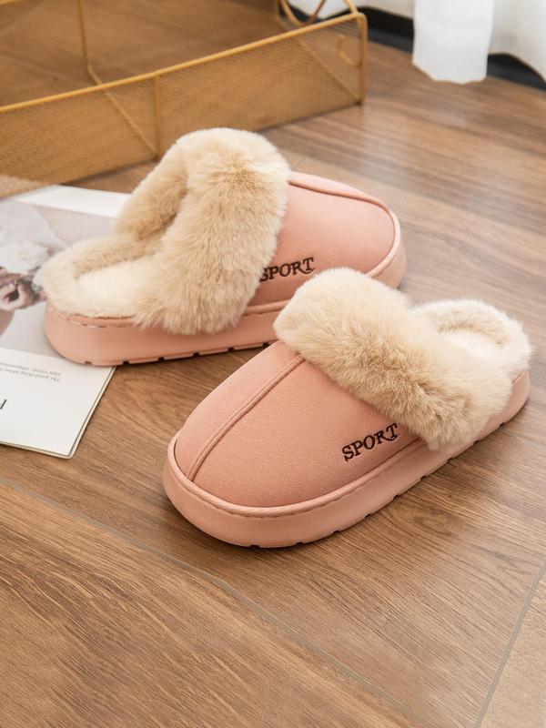 Women's Letter Embroidered Contrast Faux Fur Design Plush Slippers, Casual Soft Comfortable Home Slippers, Warm Slippers for Indoor & Outdoor Use for Fall & Winter