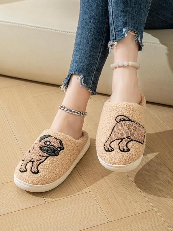 Women's Cute Cartoon Pug Pattern Plush Slippers, Casual Soft Comfortable Home Slippers, Warm Slippers for Indoor & Outdoor Use for Fall & Winter