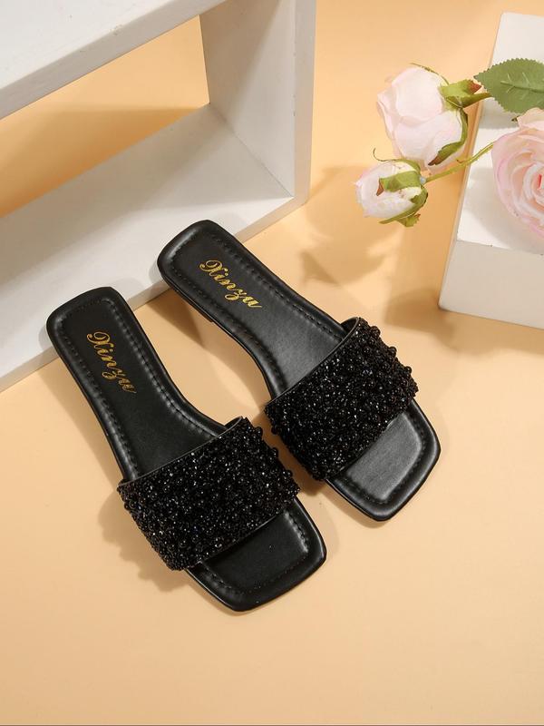 2024 Summer Women's Rhinestone & Beaded Decor Flat Sandals, Casual Comfortable Square Toe Slide Walking Shoes, All-match Exquisite Sandals for Beach Vacation, Footwear