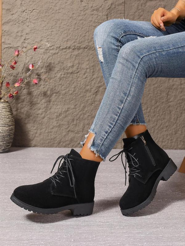 Women's Fashionable Solid Color Lace Up Ankle Boots, 2024 New Style Casual Comfortable Boots for Daily Wear, Female All-match Trend Shoes for Daily Wear