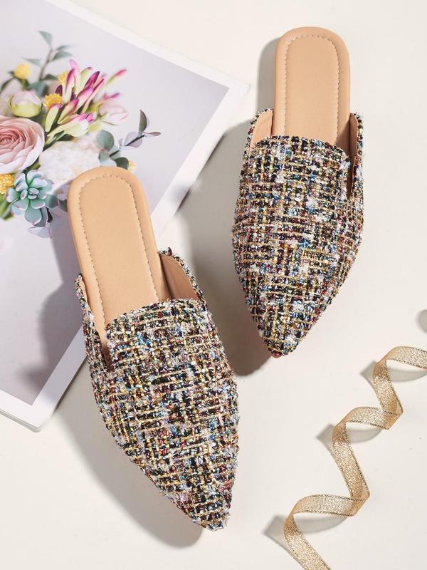 Fashion Multicolor Tweed Braided Design Beach Mules for Galentine's Party Style, Casual Lightweight Pointed Toe Flat Sandals for Daily Wear, Simple Comfortable Flat Shoes for All Seasons, Fall Shoes