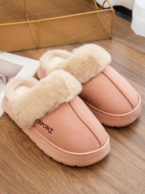 Women's Letter Embroidered Contrast Faux Fur Design Plush Slippers, Casual Soft Comfortable Home Slippers, Warm Slippers for Indoor & Outdoor Use for Fall & Winter