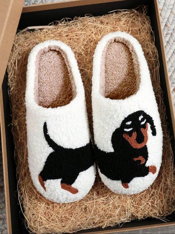 Women's Cute Cartoon Dog Design Plush Slippers, Casual Soft Comfortable Home Slippers, Warm Slippers for Indoor & Outdoor Use for Fall & Winter