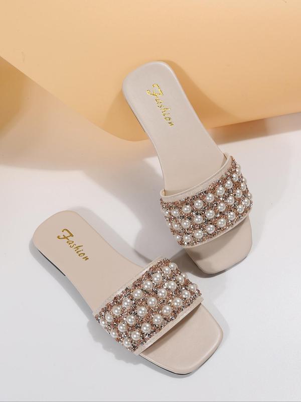 Fashion Faux Pearl & Rhinestone Decorated Slide Sandals, Casual Comfortable Flat Sandals for Summer, Non-slip Beach Shoes for Women