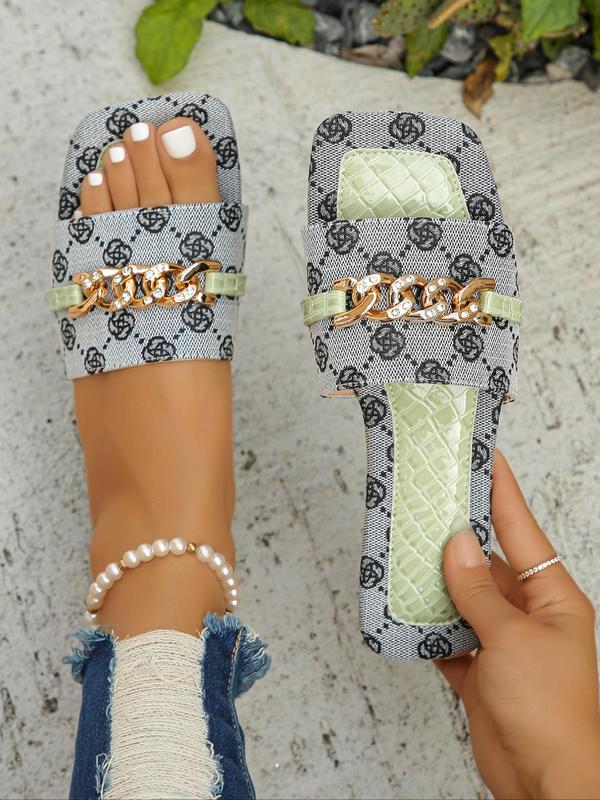 Women's Fashionable Rhinestone Decorated Chain Design Slip on Sandals, Casual Open Toe Floral Pattern Flat Sandals for Beach Vacation, New Trendy Shoes Back To School