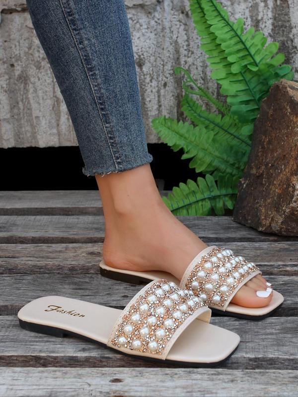 Fashion Faux Pearl & Rhinestone Decorated Slide Sandals, Casual Comfortable Flat Sandals for Summer, Non-slip Beach Shoes for Women