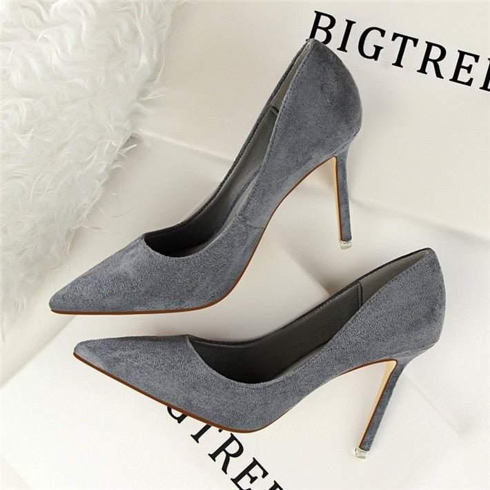 Plus Size 34-43 Woman Concise Office Shoes Fashion Pointed Toe Women Pumps Flock Shallow High Heels Women's Party Shoes 9 Colors