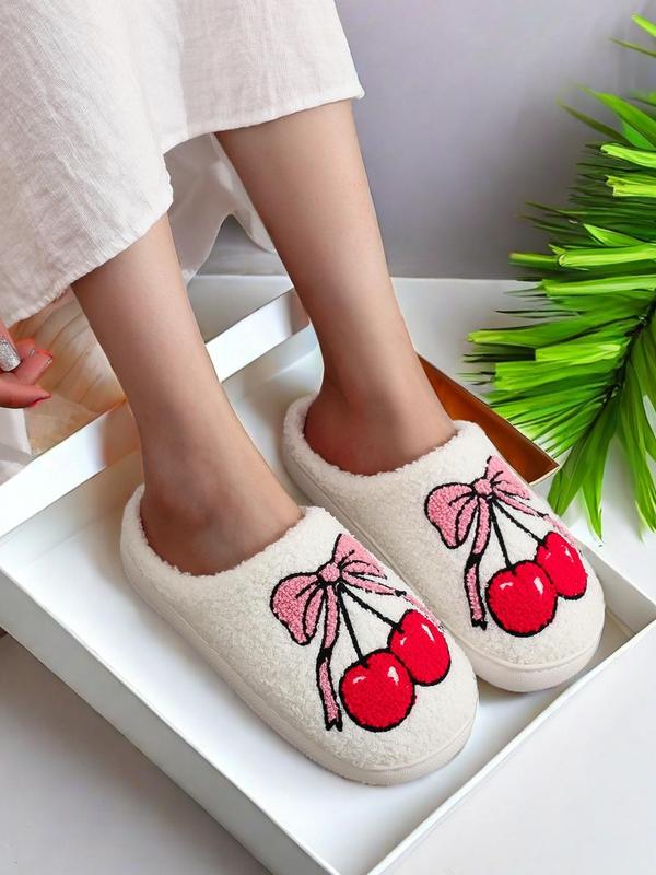 Women's Cute Cartoon Bowknot Pattern Plush Slippers, Casual Soft Comfortable Home Slippers, Warm Slippers for Indoor & Outdoor Use for Fall & Winter, Birthday Gifts