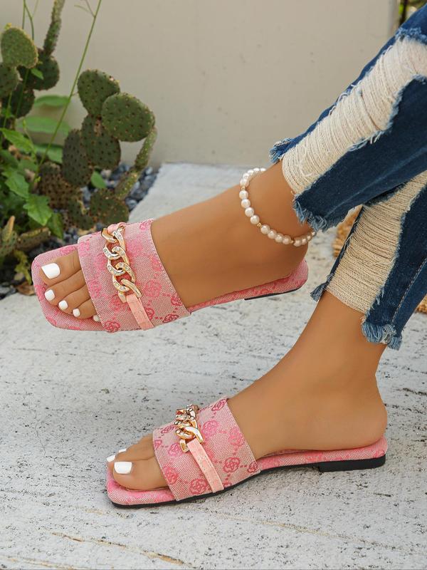 Women's Fashionable Rhinestone Decorated Chain Design Slip on Sandals, Casual Open Toe Floral Pattern Flat Sandals for Beach Vacation, New Trendy Shoes Back To School