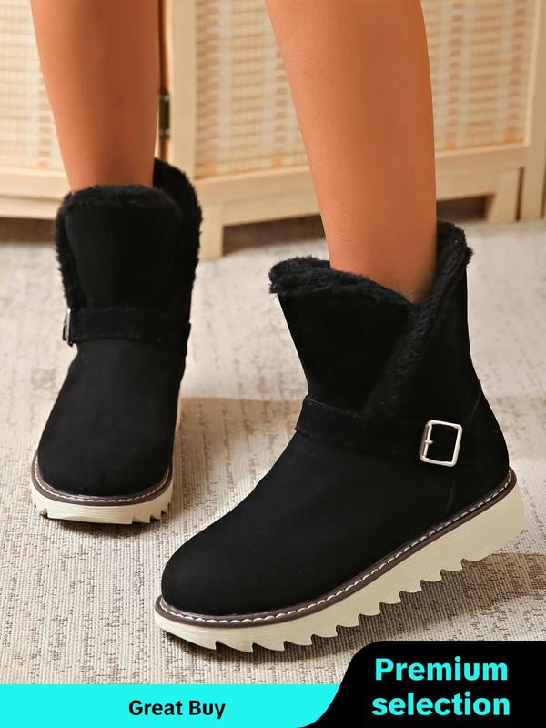 Women's Solid Color Fluffy Lined Ankle Snow Boots, Fashionable Round Toe Boots for Fall & Winter, All-match Commuter Shoes for Work & Daily Wear