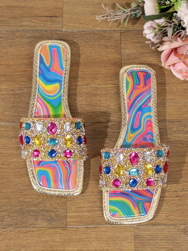 Women's Fashionable Rhinestone Decorated Slide Sandals, 2024 New Style Casual Comfortable Flat Sandals for Summer, Lightweight Breathable Shoes for Daily Wear