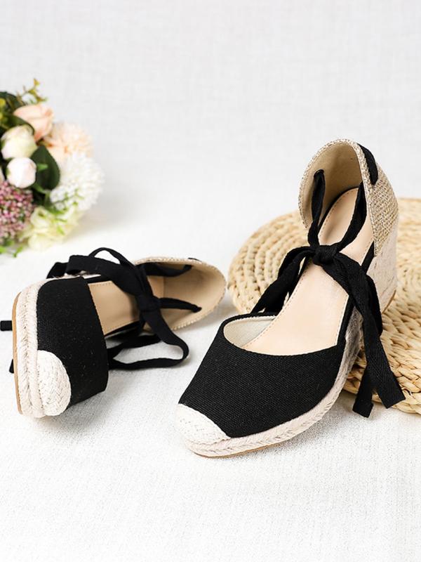 Women's 1 Pair Casual Wedge Sandals, Fashionable Solid Color Wedges For Beach, Daily Wear,  Ankle Strap Wedge Shoes For Women Bow Decor Espadrille Shoes