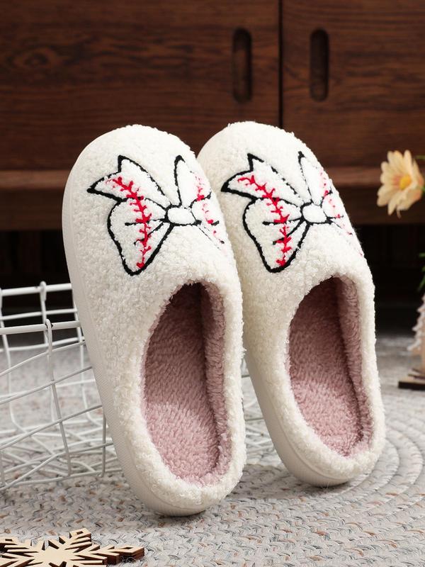 Women's Cute Cartoon Bowknot Pattern Plush Slippers, Casual Soft Comfortable Home Slippers, Warm Slippers for Indoor & Outdoor Use for Fall & Winter, Birthday Gifts