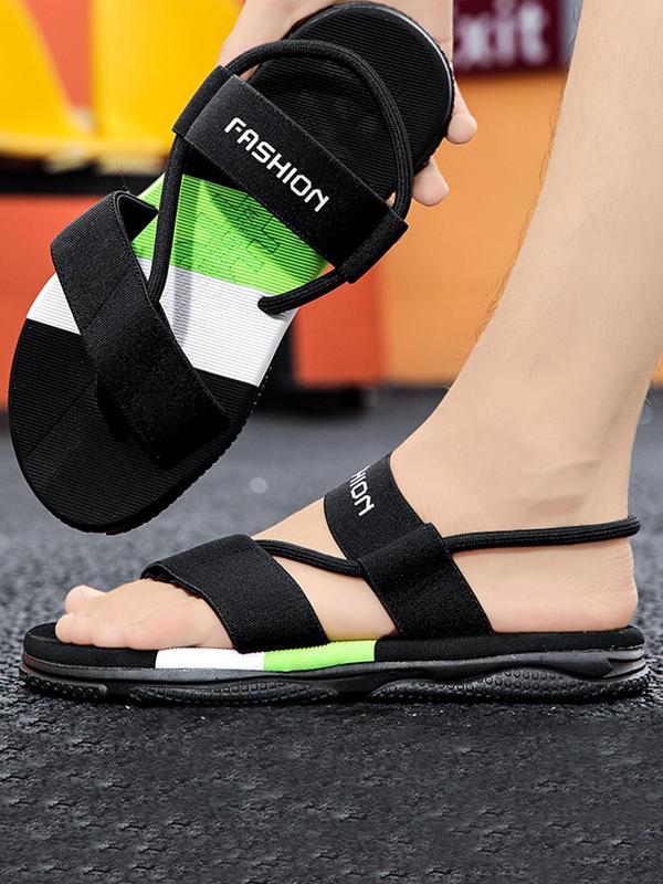 Summer 2024 Men's Casual Fashion Contrast Color Beach Slippers, Adjustable Strap, Comfortable Breathable Letter Print Flat Sandals