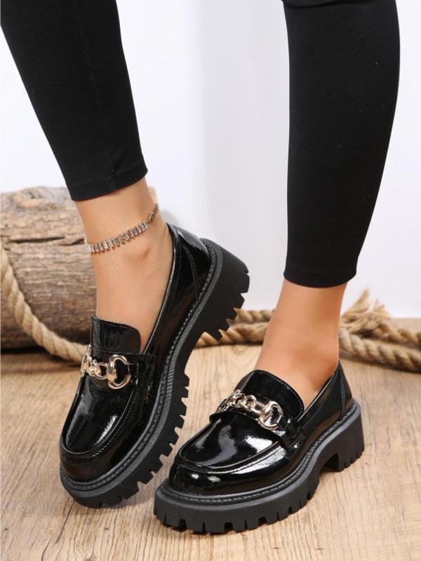 Women's Elegant Minimalist Chain Decor Loafers, Trendy Round Toe Slip on Flatform Shoes, Fashionable Platform Shoes for Daily Wear Shoes Loafers