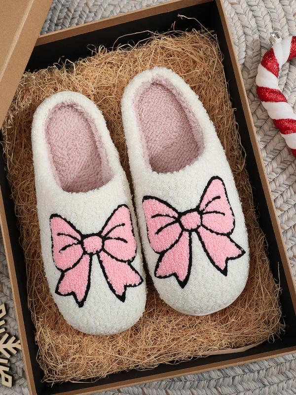 Women's Cute Cartoon Bowknot Pattern Plush Slippers, Casual Soft Comfortable Home Slippers, Warm Slippers for Indoor & Outdoor Use for Fall & Winter, Birthday Gifts