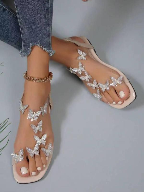 Women's Rhinestone Butterfly Decor Slide Sandals, Sandals for Women 2024, Faux Pearl Decor Open Toe Flat Sandals, Designer Sandals for Women, Summer 2024 Back To School