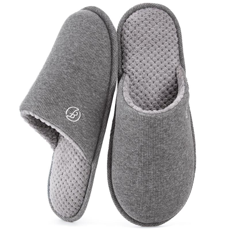 EverFoams Men's Cotton Knit Slippers Lightweight Memory Foam Indoor House Shoes with Anti-Skid Sole