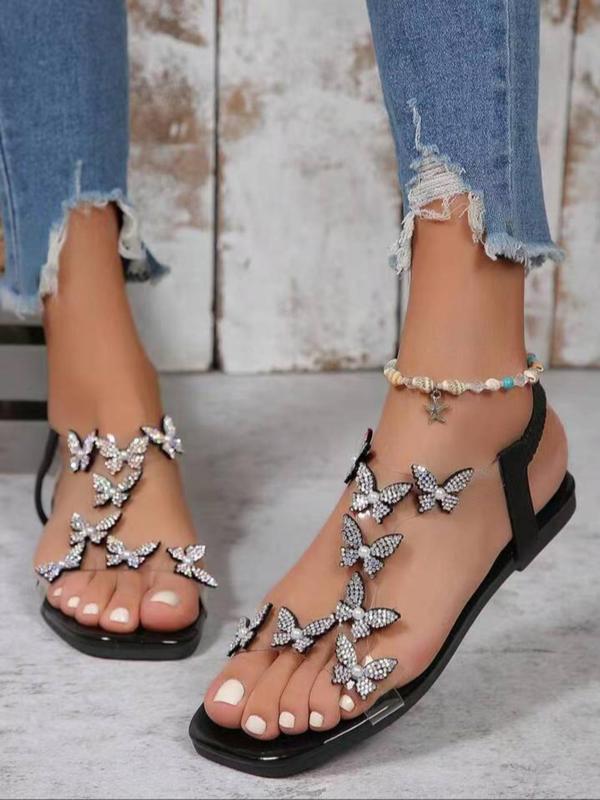 Women's Rhinestone Butterfly Decor Slide Sandals, Sandals for Women 2024, Faux Pearl Decor Open Toe Flat Sandals, Designer Sandals for Women, Summer 2024 Back To School