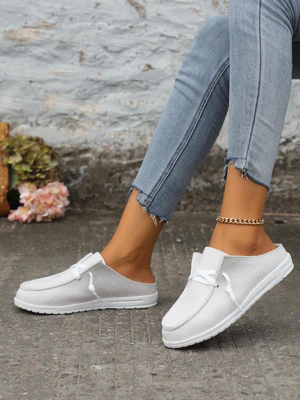 Women's Summer Simple Solid Lace Up Design Slip-on Shoes, Casual Versatile Soft Comfortable Walking Shoes, Female Basic Classic Round Toe Flat Shoes For Daily Wear