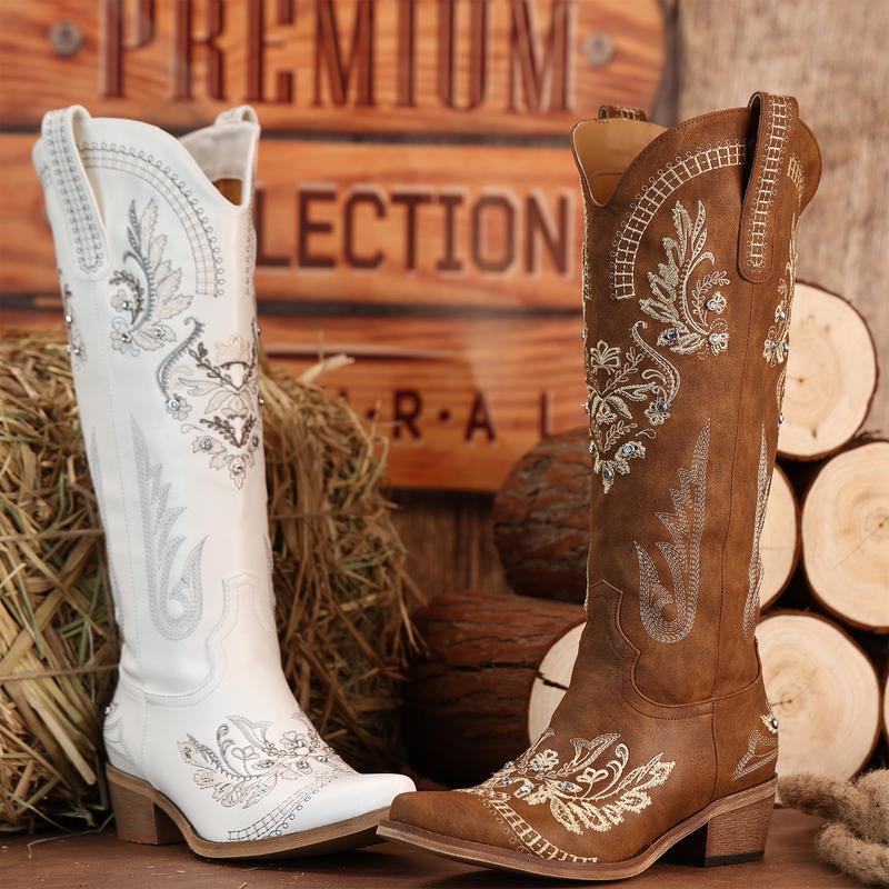 Pasuvo Cowboy Boots for Women -  Sparkly Rhinestone Western Boots with Classic Embroidery, Pointed Toe Pull On Zipper Retro Fashion Tall Boots,Botas Girl Shoe Walking Shoes Footwear Comfort Decor