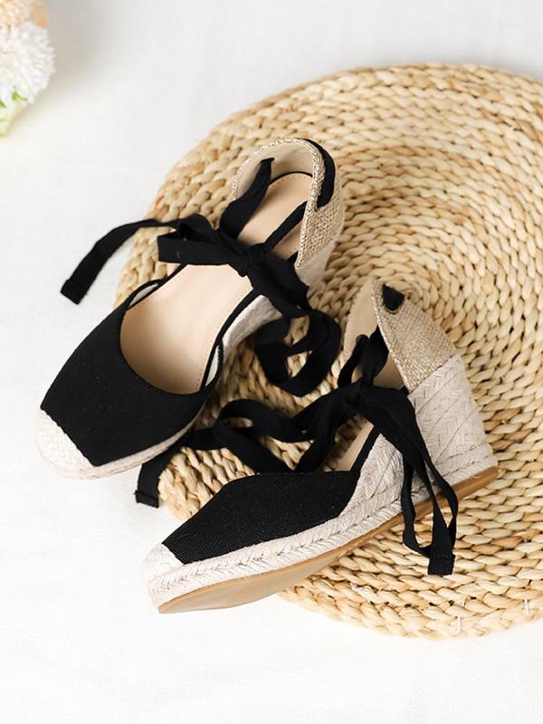 Women's 1 Pair Casual Wedge Sandals, Fashionable Solid Color Wedges For Beach, Daily Wear,  Ankle Strap Wedge Shoes For Women Bow Decor Espadrille Shoes