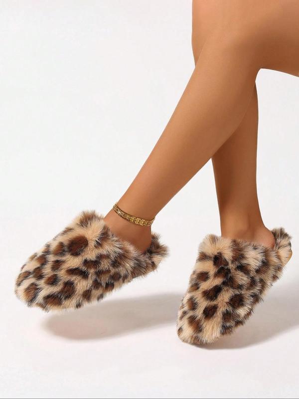 Women's Leopard Print Non-slip Fluffy Plush Slippers, Casual Soft Comfortable Home Slippers, Warm Slippers for Indoor & Outdoor Use for Fall & Winter