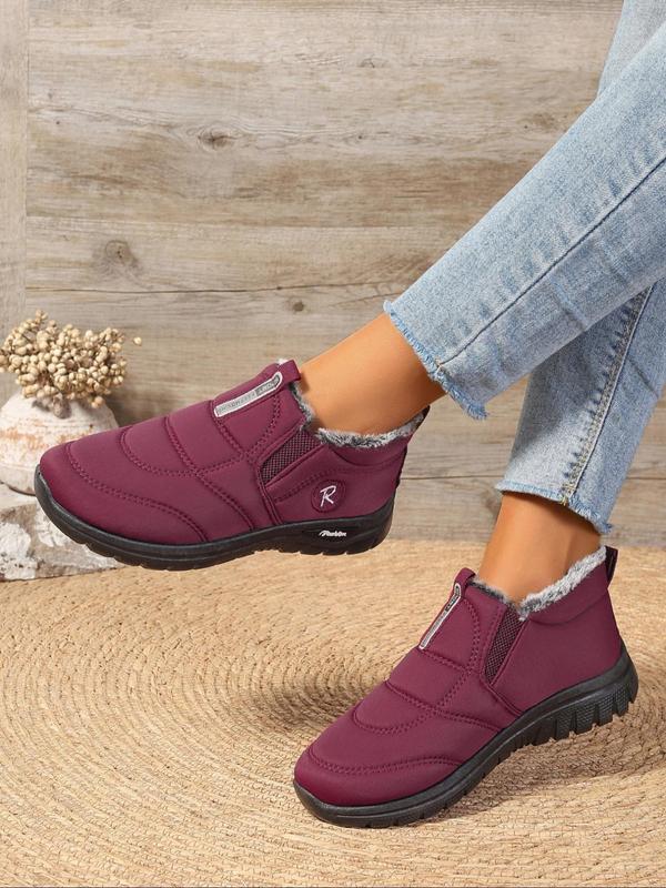 Women's Solid Color Plush Lining  Round Toe  Snow Boots, Casual Comfortable Warm Ankle Boots for Fall & Winter, Non-slip Winter Boots for Women & Girls,  Easy To Slip on and Off