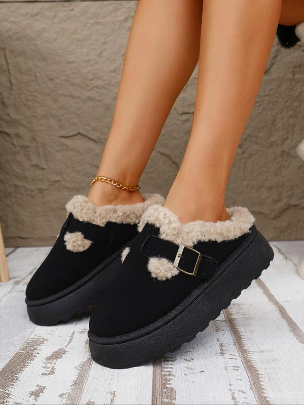 Women's Fashionable Contrast Faux Fur Belted Slippers, Casual Soft Comfortable Home Slippers, Warm Slippers for Indoor & Outdoor Use for Fall & Winter