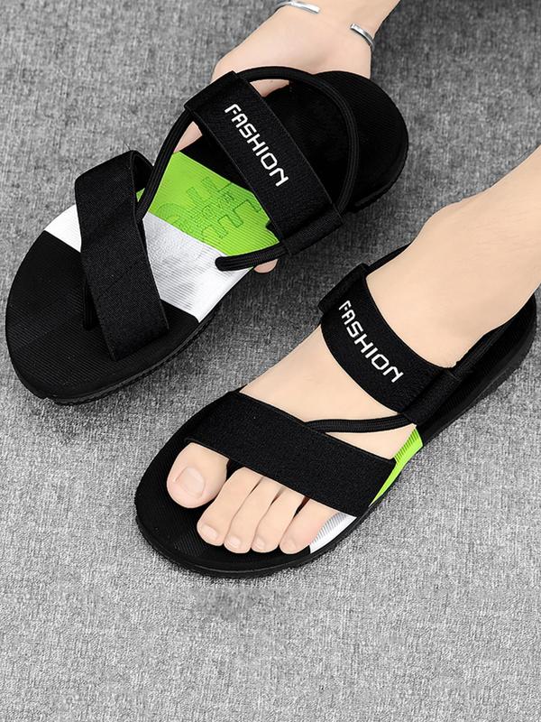 Summer 2024 Men's Casual Fashion Contrast Color Beach Slippers, Adjustable Strap, Comfortable Breathable Letter Print Flat Sandals