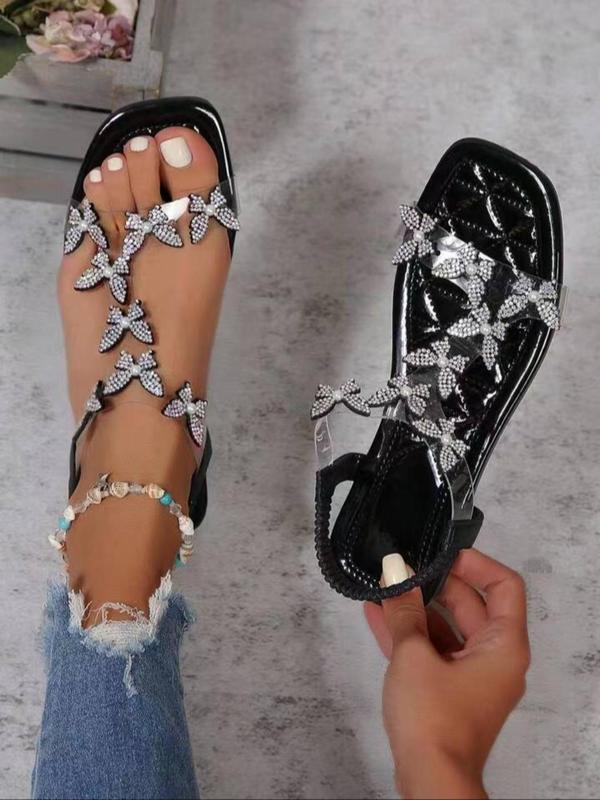 Women's Rhinestone Butterfly Decor Slide Sandals, Sandals for Women 2024, Faux Pearl Decor Open Toe Flat Sandals, Designer Sandals for Women, Summer 2024 Back To School