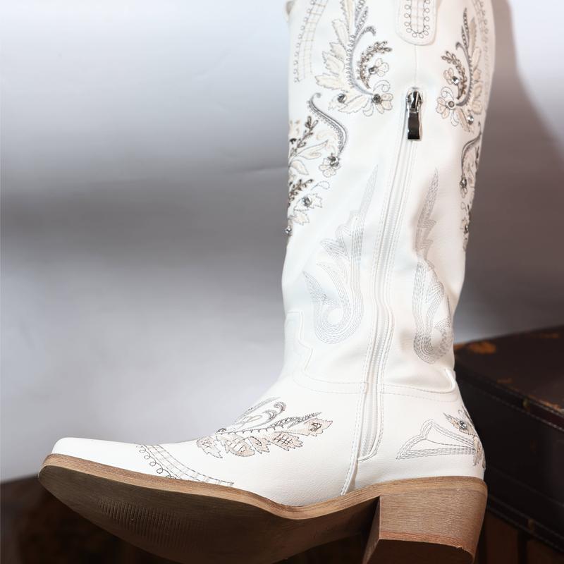 Pasuvo Cowboy Boots for Women -  Sparkly Rhinestone Western Boots with Classic Embroidery, Pointed Toe Pull On Zipper Retro Fashion Tall Boots,Botas Girl Shoe Walking Shoes Footwear Comfort Decor