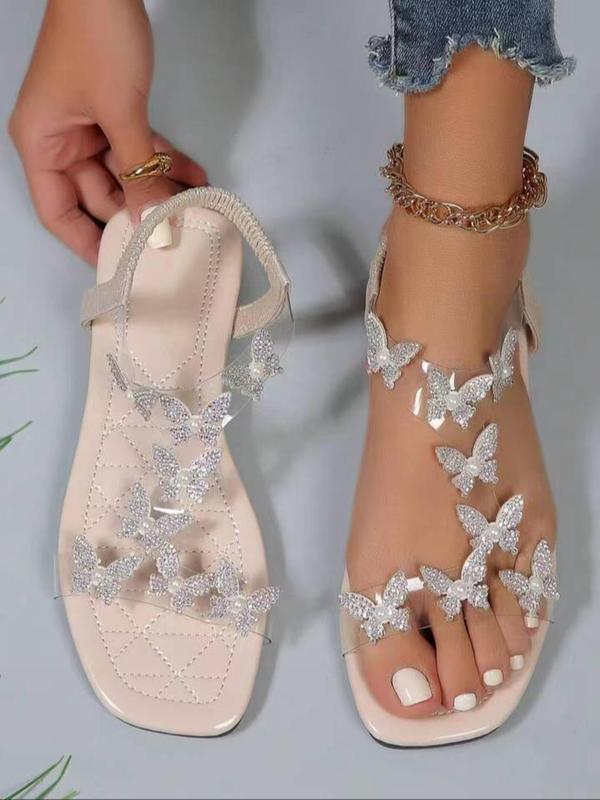 Women's Rhinestone Butterfly Decor Slide Sandals, Sandals for Women 2024, Faux Pearl Decor Open Toe Flat Sandals, Designer Sandals for Women, Summer 2024 Back To School