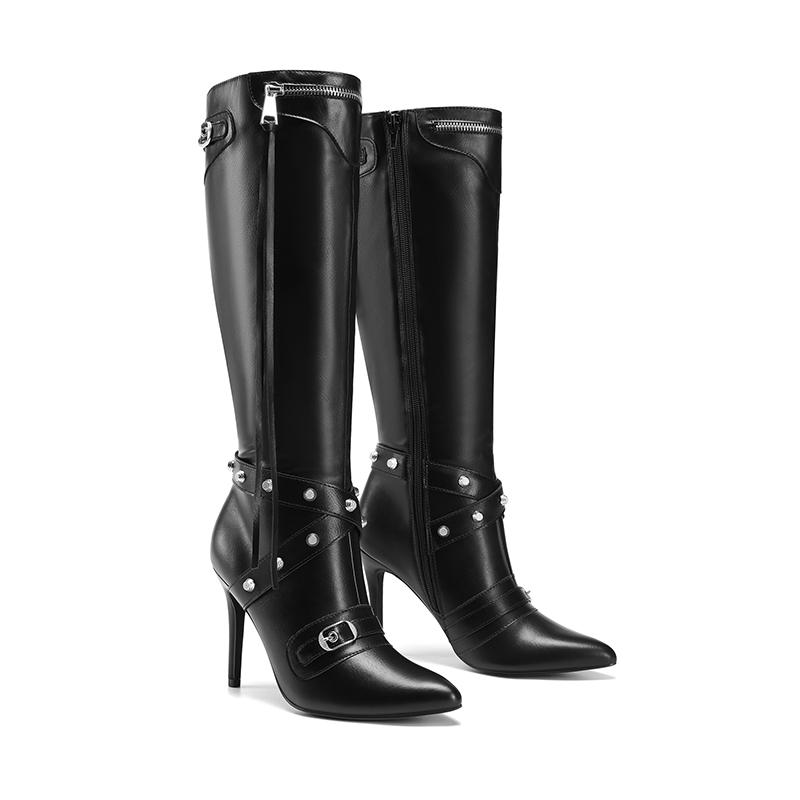 Dream Pairs Women's Studded Cross-over Strap Stiletto Heel Boots