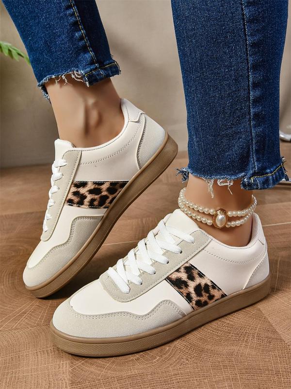 Women's Fashion Leopard Patchwork Print Lace Up Low Top Sneakers, Casual Comfortable Sports Running Shoes, Female All-match Round Toe Shoes for Daily Wear