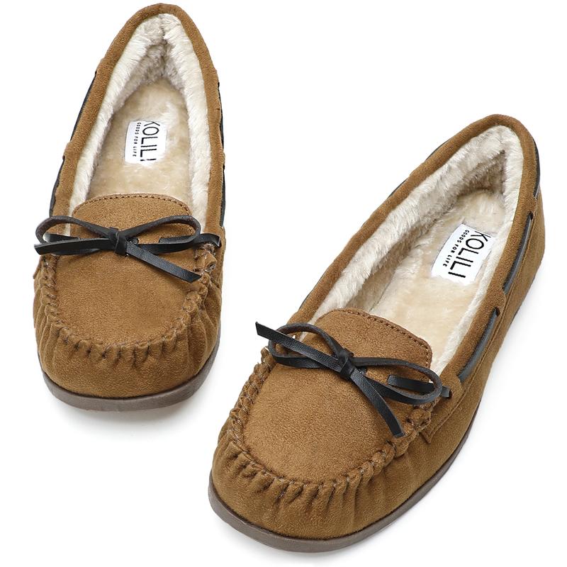 KOLILI Women's Moccasins Comfortable Soft Indoor Cotton Shoes, Non-slip Rubber Soles Outdoor Warm Versatile Home Shoes Footwear Girl Footwear Girl