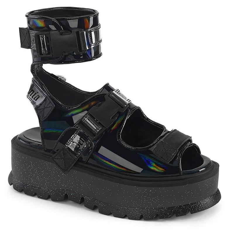 Demonia Slacker-15B Black Holo Patent Sandals