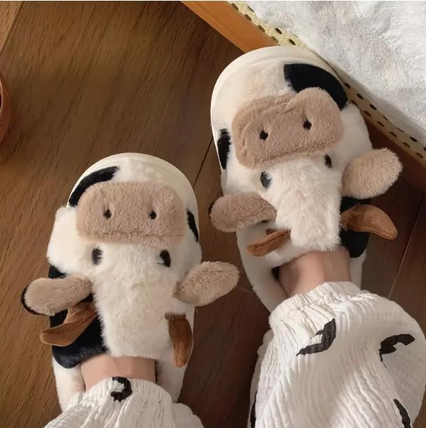 Cow Pattern Plush Slippers - Soft Fabric Lining, Cartoon Design, Comfortable Indoor Shoes with TPR Sole for Cozy Home Wear - Casual Slip-On Style Walking Shoes Footwear