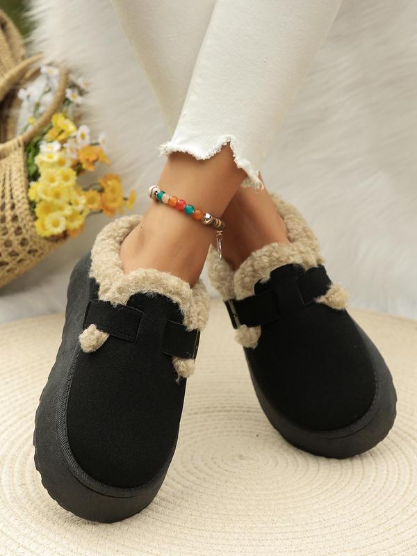 Women's Solid Buckle Decor Plush Slippers, Casual Soft Comfortable Home Slippers, Warm Slippers for Indoor & Outdoor Use for Fall & Winter Fur Slippers