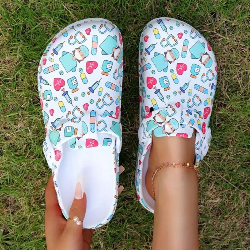 Nurses Doctors CNAs CMAs Med Techs Healthcare Workers Cartoon Print Platform EVA Clogs Mules - Girls Walking Shoes with Beautiful Print - Women Footwear Comfort Lightweight Buckle