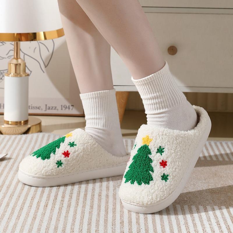 Christmas Tree Slippers Memory Foam for Women Men, Cozy Plush Warm Non-Slip Holiday Slides Non-Slip Soft Plush Slip-on Wool Lined House Shoes Indoor Outdoor