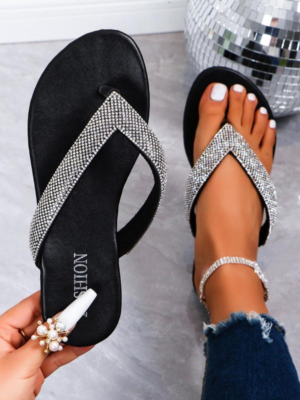 Women's Summer Rhinestone Decorated Flat Flip Flops, Fashionable Casual Versatile Beach Slippers, Comfort Beach Shoes for Women & Girls, Walking Shoes, Footwear Sandal