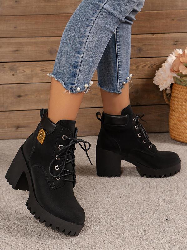 Women's Fashionable Solid Color Patched Design Lace Up Boots, Casual Comfortable Round Toe Boots for Daily Wear, Female All-match Trendy Shoes for Fall & Winter