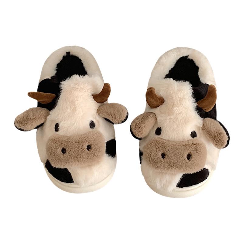 Cow Pattern Plush Slippers - Soft Fabric Lining, Cartoon Design, Comfortable Indoor Shoes with TPR Sole for Cozy Home Wear - Casual Slip-On Style Walking Shoes Footwear