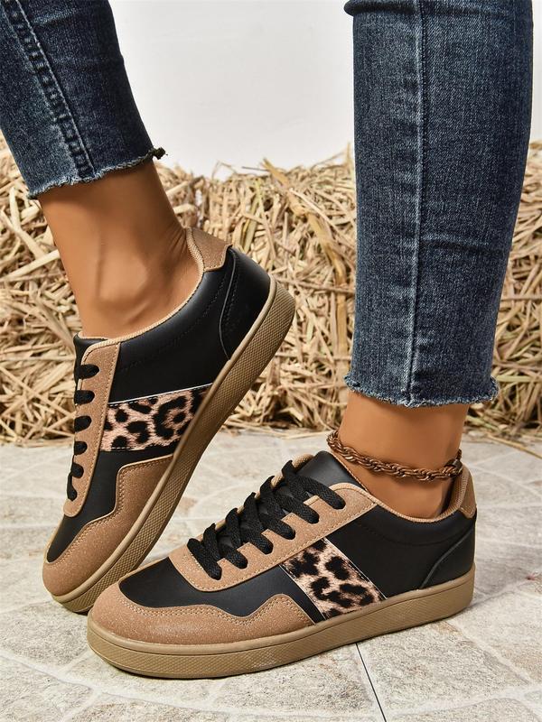 Women's Fashion Leopard Patchwork Print Lace Up Low Top Sneakers, Casual Comfortable Sports Running Shoes, Female All-match Round Toe Shoes for Daily Wear