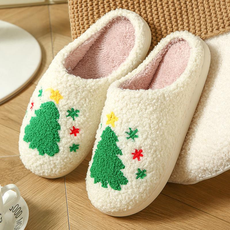 Christmas Tree Slippers Memory Foam for Women Men, Cozy Plush Warm Non-Slip Holiday Slides Non-Slip Soft Plush Slip-on Wool Lined House Shoes Indoor Outdoor