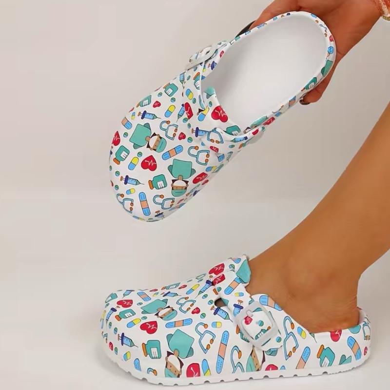 Nurses Doctors CNAs CMAs Med Techs Healthcare Workers Cartoon Print Platform EVA Clogs Mules - Girls Walking Shoes with Beautiful Print - Women Footwear Comfort Lightweight Buckle