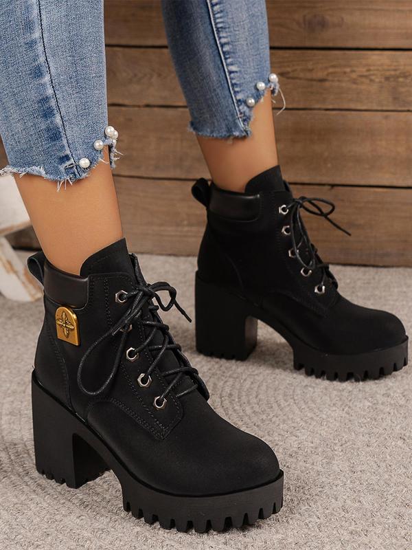 Women's Fashionable Solid Color Patched Design Lace Up Boots, Casual Comfortable Round Toe Boots for Daily Wear, Female All-match Trendy Shoes for Fall & Winter